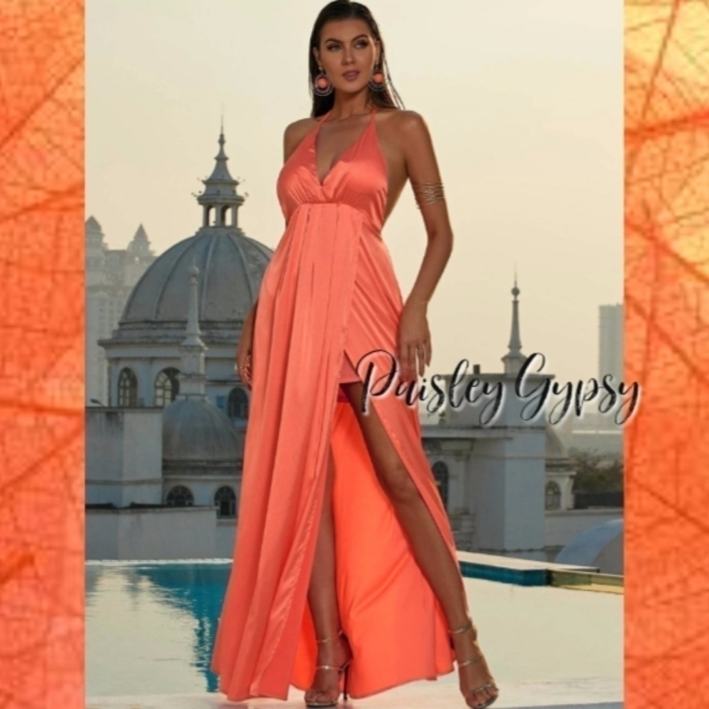 High Fashion Glamorous Spaghetti Strap A Line Formal Gown in Coral Orange